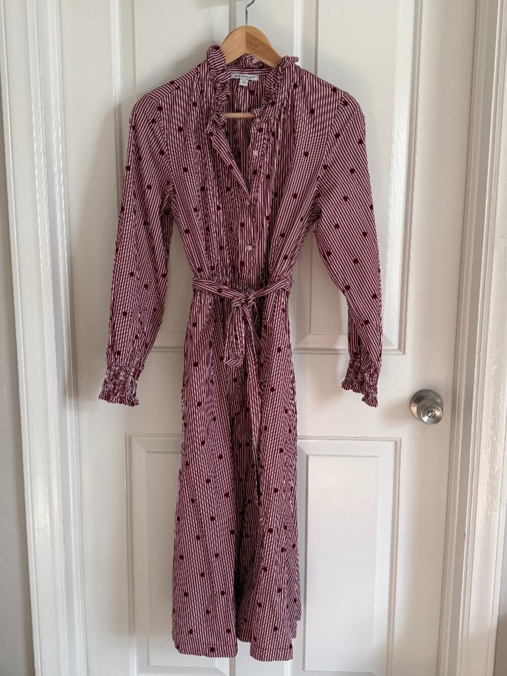 Free Assembly Long Sleeve Burgundy Striped Embroidered Polka Dot Dress, Size Sm.